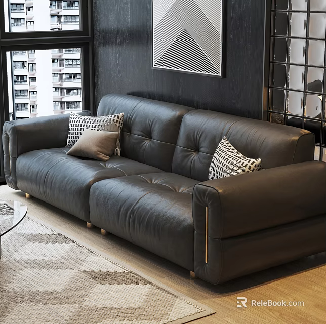 Black Leather Multi person Sofa With Geometric Pattern Pillows Glass Coffee Table And Area Rug 3d model 