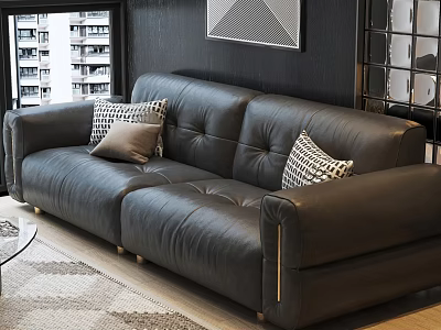 Black Leather Multi person Sofa With Geometric Pattern Pillows Glass Coffee Table And Area Rug 3d model