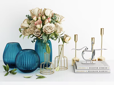 Elegant Ornament Set With Blue Ribbed Vases White Pink Roses And Golden Candle Holders 3d model