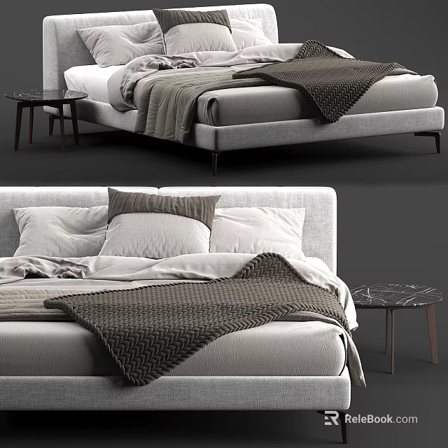 Modern Double Bed With Light Gray Frame Linen Sheets Throw Blanket And Marble Side Table 3d model 