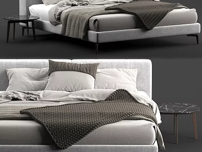 Modern Double Bed With Light Gray Frame Linen Sheets Throw Blanket And Marble Side Table 3d model