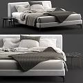 Modern Double Bed With Light Gray Frame Linen Sheets Throw Blanket And Marble Side Table 3d model