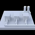 Industrial Equipment With Blue Main Units Green Cylindrical Components Piped Connections On White Platform