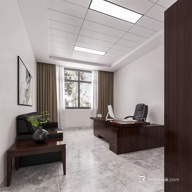 Modern Office Interior Design With Dark Wooden Desk Sofa And Green Plant 3d model 