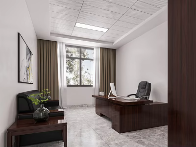 Modern Office Interior Design With Dark Wooden Desk Sofa And Green Plant 3d model