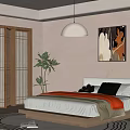 Modern Bedroom Interior Design With Wooden Bed Frame Sliding Doors And Potted Plant Rug Artwork