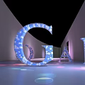 3D LGN Letters Exhibition With Blue Screen Backdrop And Reflective Floor Lighting Effects