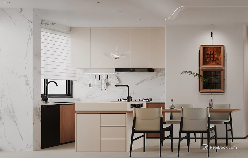 Modern Kitchen Interior With White Cabinetry Marble Countertops Central Island And Pendant Lights 3d model 