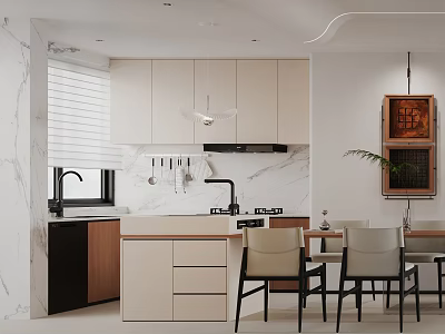 Modern Kitchen Interior With White Cabinetry Marble Countertops Central Island And Pendant Lights 3d model