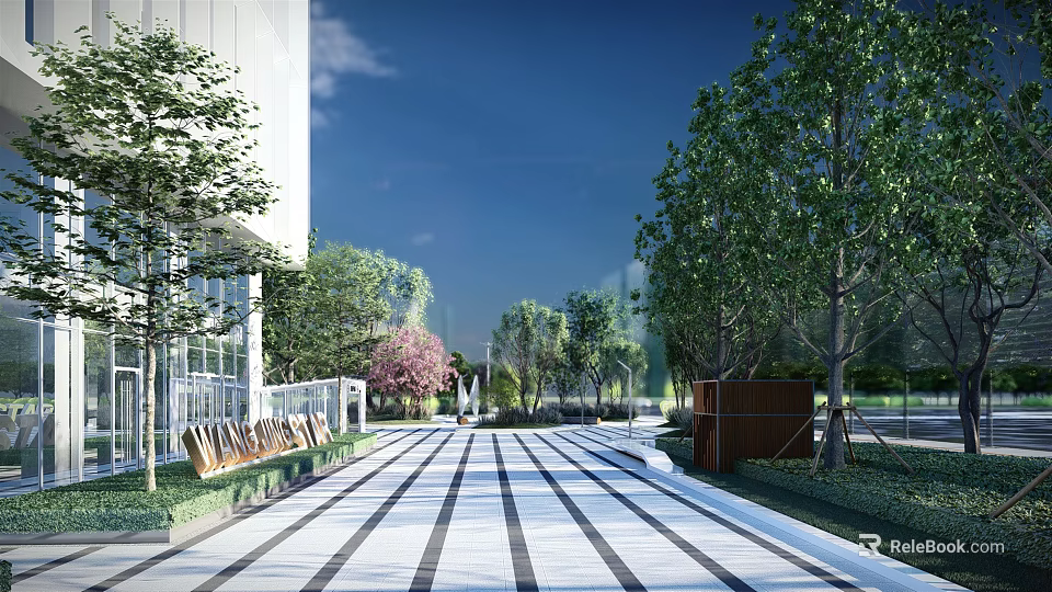 Modern Office Landscape With Spacious Walkway Lush Trees Green Plants and Clear Sky 3d model 