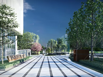 Modern Office Landscape With Spacious Walkway Lush Trees Green Plants and Clear Sky 3d model