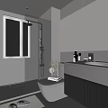 Modern Gray Bathroom With Glass Shower Enclosure Blinds Large Mirror Vanity Toilet Toiletries And Lighting