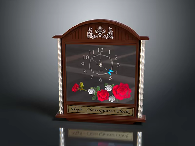 High Class Quartz Clock With Wooden Frame Carved Details And Rose Floral Decorations 3d model