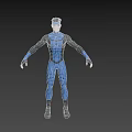 Muscular Man in Blue Bodysuit with Black Accents Standing with Arms Outstretched Wearing Sunglasses