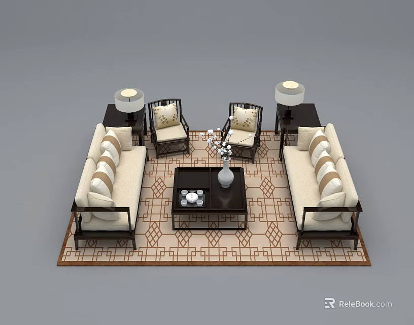 Chinese Style Sofa Coffee Table Set With Armchairs Table Lamps And Patterned Rug 3d model