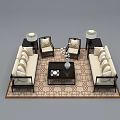 Chinese Style Sofa Coffee Table Set With Armchairs Table Lamps And Patterned Rug 3d model