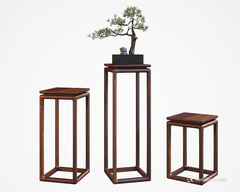 Chinese Style Wooden Plant Stands With Three Piece Set And Bonsai Tree Decor 3d model 