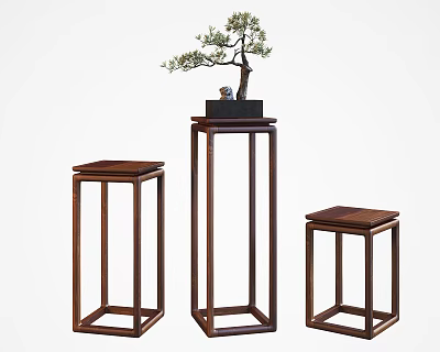 Chinese Style Wooden Plant Stands With Three Piece Set And Bonsai Tree Decor 3d model