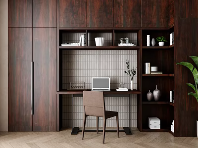 Dark Wooden Bookcase With Desk Laptop Chair Tiled Wall And Potted Plant In Modern Study 3d model