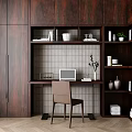 Dark Wooden Bookcase With Desk Laptop Chair Tiled Wall And Potted Plant In Modern Study