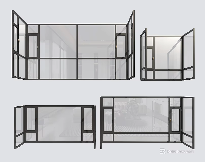 Modern Floor To Ceiling Windows With Black Frame And Transparent Glass Design 3d model