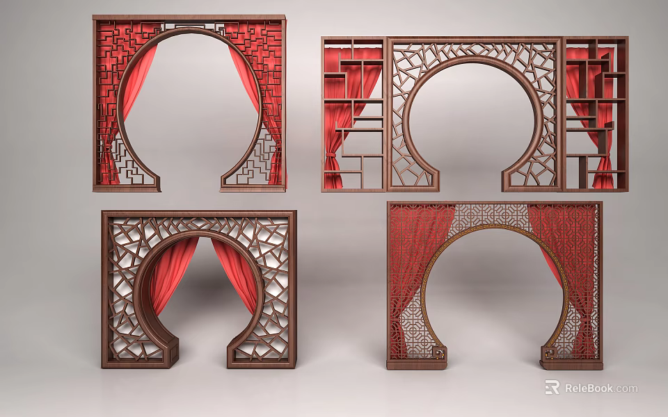 Chinese Style Decorative Door Arch Designs With Lattice Carvings And Red Curtain Details 3d model 