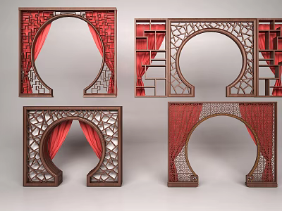 Chinese Style Decorative Door Arch Designs With Lattice Carvings And Red Curtain Details 3d model