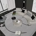 Curved Light Sofa And Round Coffee Table Set Modern Living Room With Throw Pillows Artwork