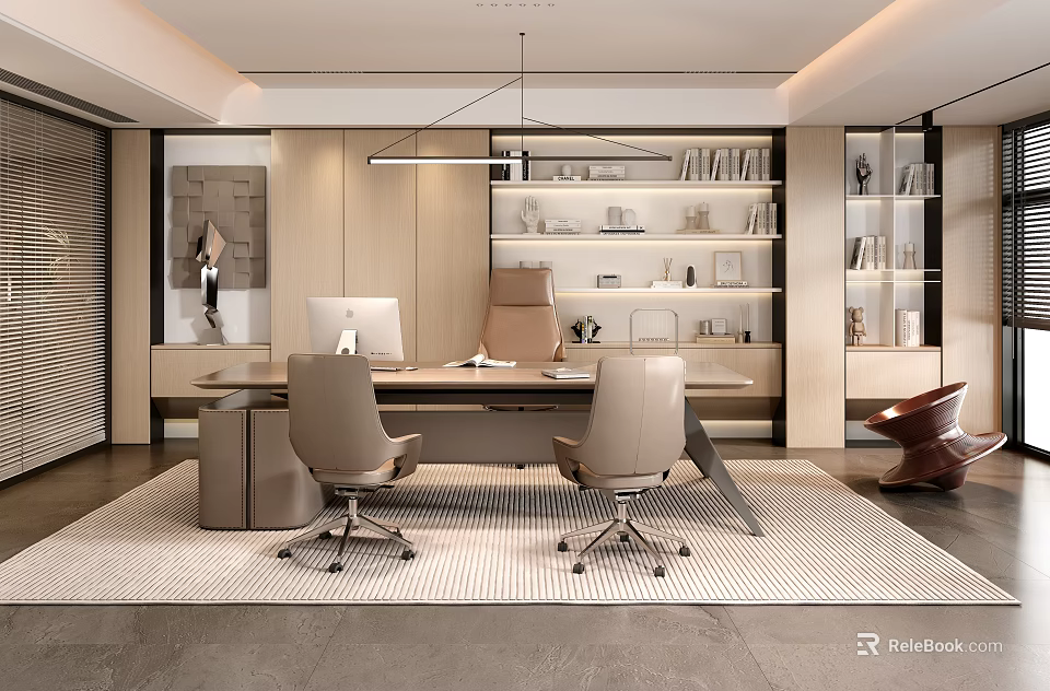 Modern Office Interior Design With Spacious Desk Ergonomic Chairs Bookshelves And Decorative Painting 3d model 