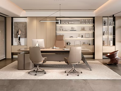 Modern Office Interior Design With Spacious Desk Ergonomic Chairs Bookshelves And Decorative Painting 3d model