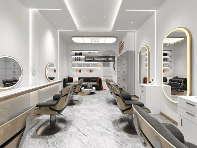 Modern Hair Salon Interior With Styling Chairs Round Mirrors And Decorative Shelves 3d model