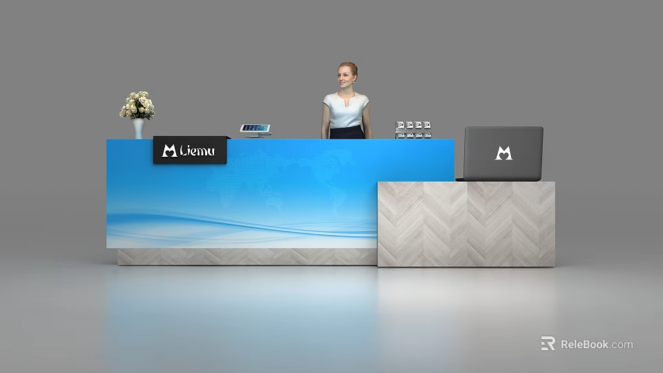 Blue Modern Reception Desk with Wave Pattern Unique Logo Laptop and Flower Arrangement 3d model