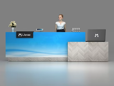 Blue Modern Reception Desk with Wave Pattern Unique Logo Laptop and Flower Arrangement 3d model