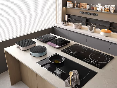 Modern Kitchen Featuring Various Appliances Induction Cooktops Griddle Countertop And Cabinets 3d model
