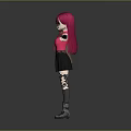 Game and Movie Character with Pink Hair Red Top Brown Coat Black Skirt Arms Outstretched
