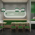 Modern Green And White Restaurant Interior With Pendant Lights Wooden Tables And Chairs