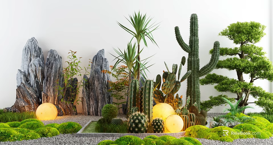 Courtyard Garden Design With Cacti Rock Formations Glowing Spherical Lights And Green Moss 3d model 