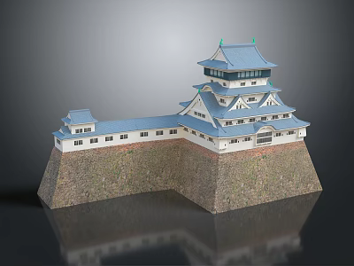 Traditional Japanese Castle Architecture With Multi Tiered Tower Stone Wall And Blue Roof 3d model