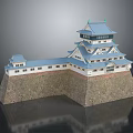Traditional Japanese Castle Architecture With Multi Tiered Tower Stone Wall And Blue Roof