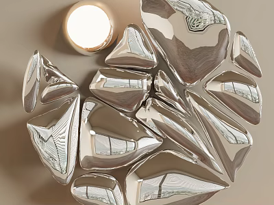 Modern Silver Wall Decor with Irregular Geometric Shapes and Round Lamp 3d model