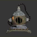 Vintage Metallic Diving Helmet With Circular Glass Window Leather Hose And Base Stand