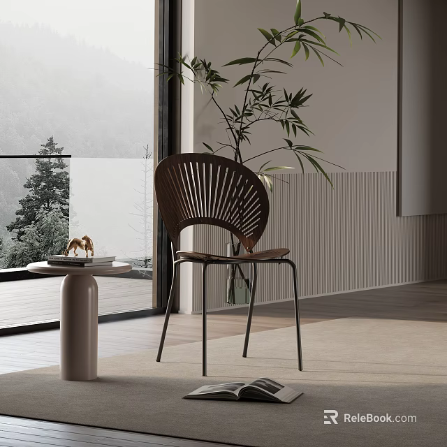 Modern Striped Wooden Accent Chair With Black Metal Legs Near Window And Bamboo Plant In Living Room 3d model 