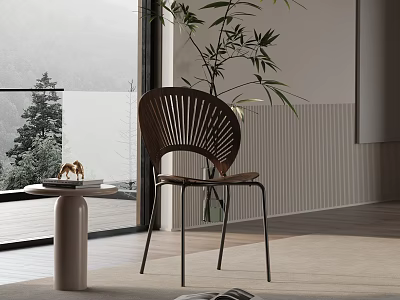 Modern Striped Wooden Accent Chair With Black Metal Legs Near Window And Bamboo Plant In Living Room 3d model