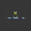 Adorable Green Cartoon Frog Sitting On Blue Round Stone With Water Ripples And Small Stones