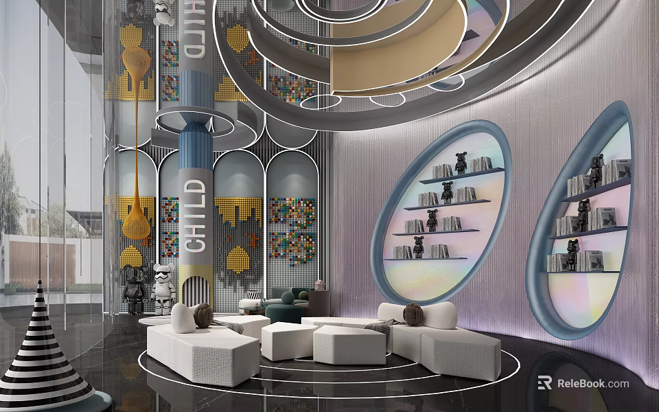 Modern Sales Office Interior With Spiral Ceiling Circular Windows Bookshelves And Sofas 3d model 