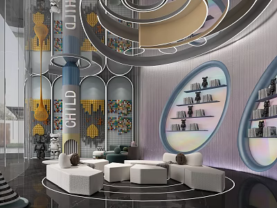 Modern Sales Office Interior With Spiral Ceiling Circular Windows Bookshelves And Sofas 3d model