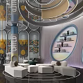 Modern Sales Office Interior With Spiral Ceiling Circular Windows Bookshelves And Sofas