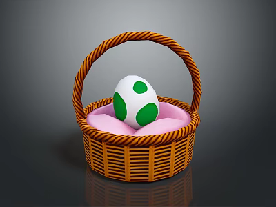White and Green Spotted Animal Egg in Woven Basket with Pink Cushion 3d model