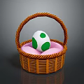 White and Green Spotted Animal Egg in Woven Basket with Pink Cushion