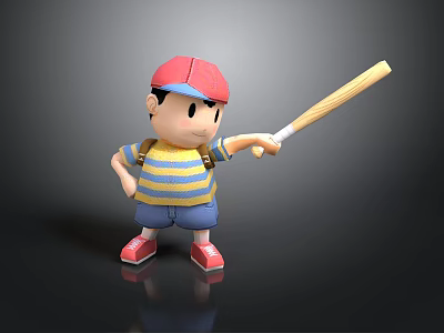 Child Wearing Red Cap And Striped Shirt Pointing With Baseball Bat And Backpack 3d model